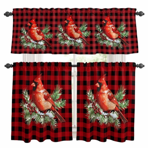 Christmas Cardinal Birds Kitchen Curtains Sets for Windows 36 Inch Length, Buffalo Checker Xmas Pine Tree Rod Pocket Window Treatments Tier Curtains and Valances Set for Bedroom/Bathroom