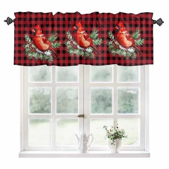 Christmas Cardinal Birds Kitchen Valances for Windows 42x18 Inch Kitchen Curtains Valances Rod Pocket Buffalo Checker Xmas Pine Tree Bathroom Window Valances for Window Treatment Decor