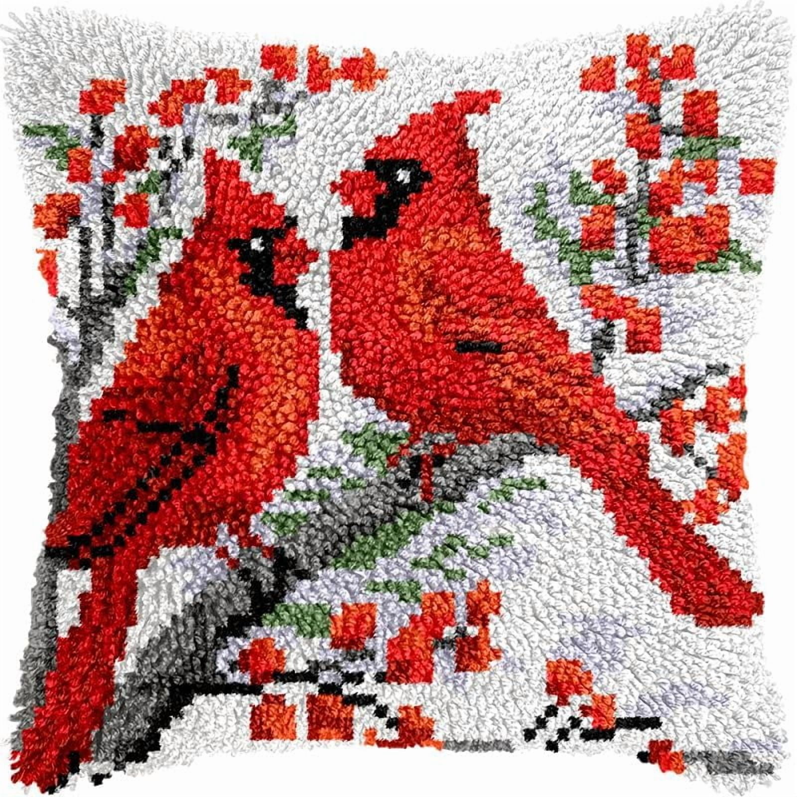 Christmas Cardinal Birds Latch Hook Pillow Kits Cushion Pillowcase with Pattern Printed Canvas Sofa Hooking Pillows Crafts Embroidery Latch Hooking Crochet Kits 17x17 inch(62)