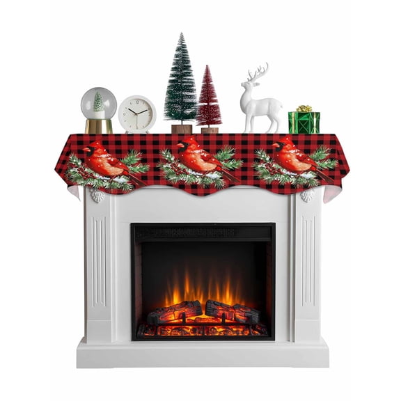 Christmas Cardinal Birds Mantel Scarf Fireplace Decorations for Living Room, Buffalo Checker Xmas Pine Tree Fireplace Mantel Scarf Cover Runner for Halloween/Thanksgiving/Christmas Decor 90"x17"