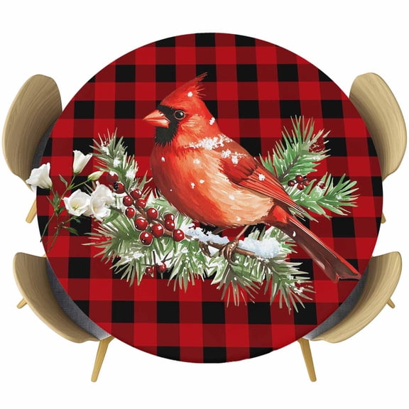 Christmas Cardinal Birds Table Cloth, Round Fitted Tablecloths with Elastic Edge, Buffalo Checker Xmas Pine Tree Wipeable Waterproof Table Cover for Kitchen Wedding 36-44 Inches
