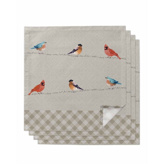 Christmas Cardinal Cloth Napkins Set of 4 Reusable Dinner Napkins, Vintage Winter Birds Brown Plaid Cocktail Napkin Washable Table Napkins for Wedding/Holiday Party/Baby Shower 20"x20"