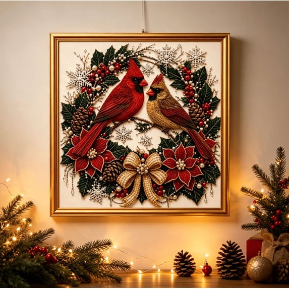 Christmas Cardinal Diamond Painting Kit, DIY Pearl Rhinestone Crafting Set, Festive Wreath Pair‑Cardinal Art, Pearl Textured Effect Kit for Holiday Housewarming Gift
