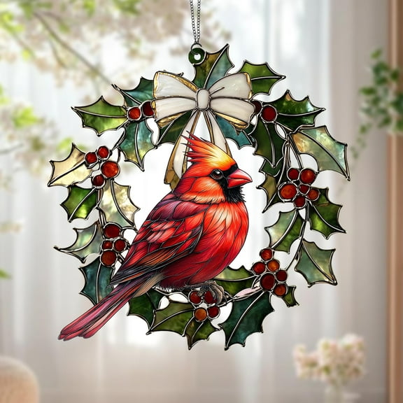 Christmas Cardinal Holly Wreath Suncatcher - Acrylic Window Hanging, Red Bird Living Room Decor, Gift for Mom
