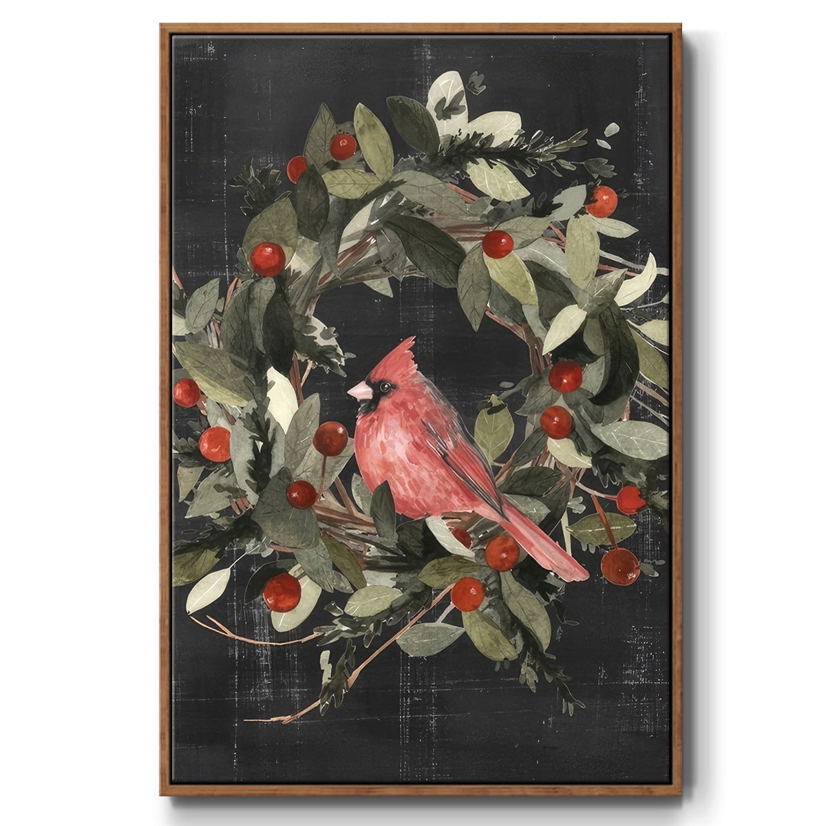 Christmas Cardinal I - Framed Gallery Wrapped Holiday Canvas - 17 x 25 - Rosewood Frame