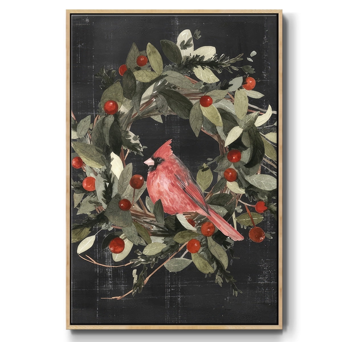 Christmas Cardinal I - Framed Gallery Wrapped Holiday Canvas - 25 x 37 - Natural Wood Frame