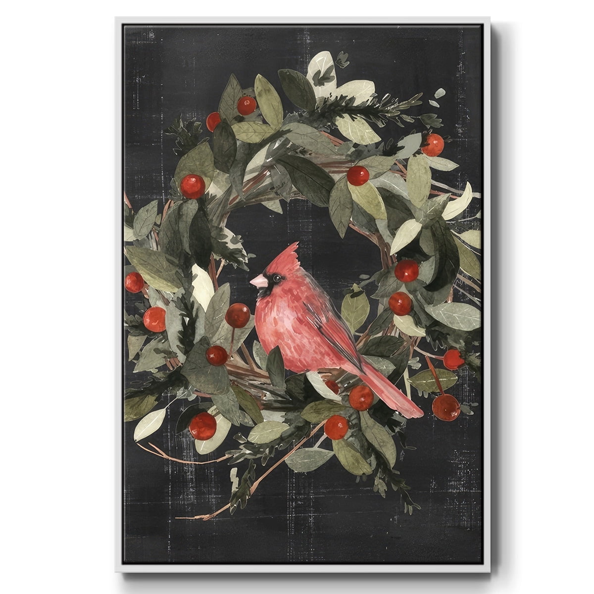Christmas Cardinal I - Framed Gallery Wrapped Holiday Canvas - 25 x 37 - White Frame