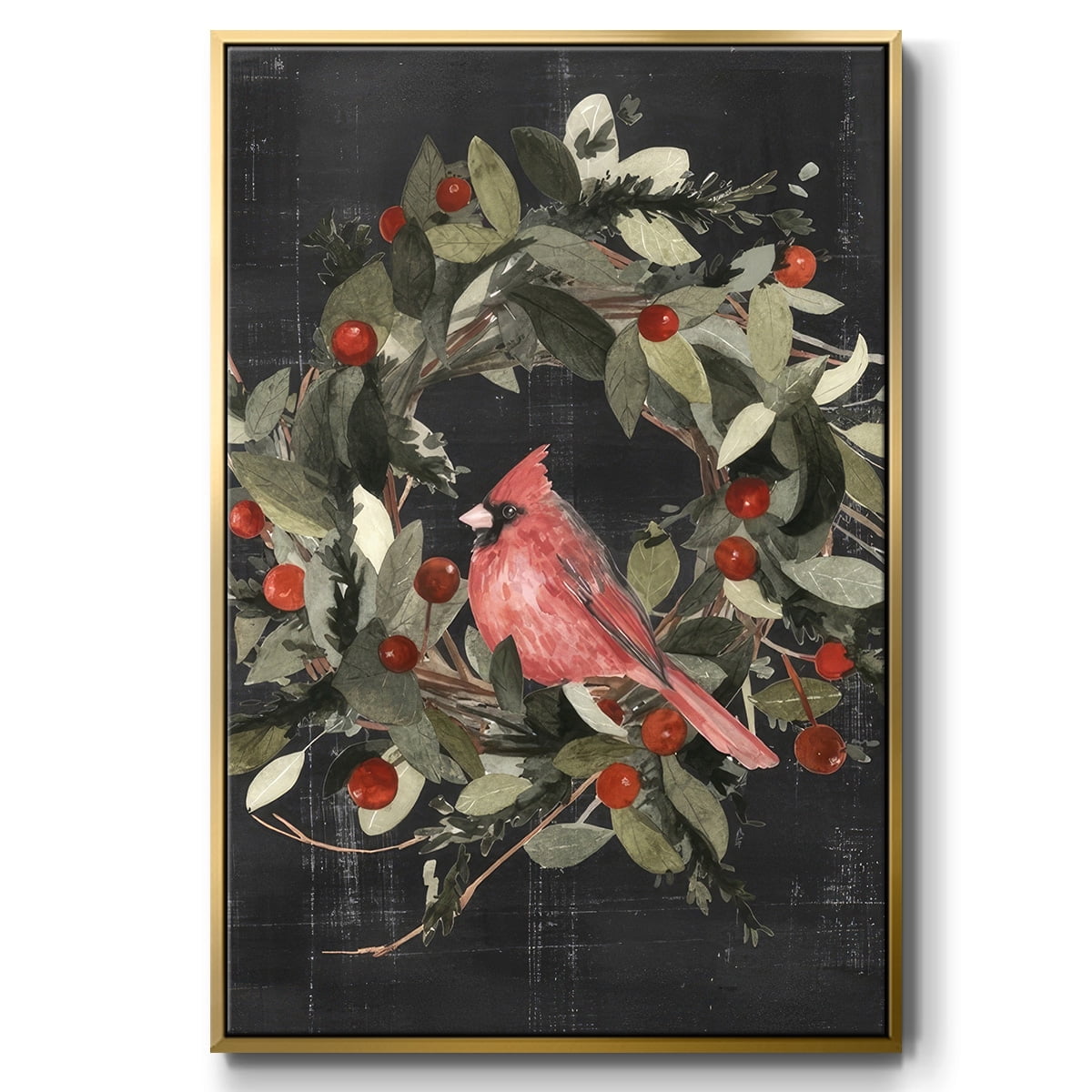 Christmas Cardinal I - Framed Gallery Wrapped Holiday Canvas - 27 x 41 - Gold Frame