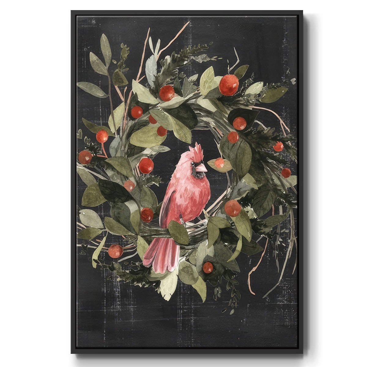 Christmas Cardinal II - Framed Gallery Wrapped Holiday Canvas - 17 x 25 - Black Frame