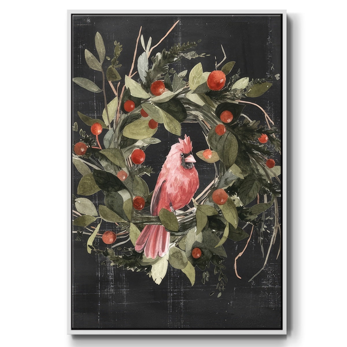 Christmas Cardinal II - Framed Gallery Wrapped Holiday Canvas - 17 x 25 - White Frame