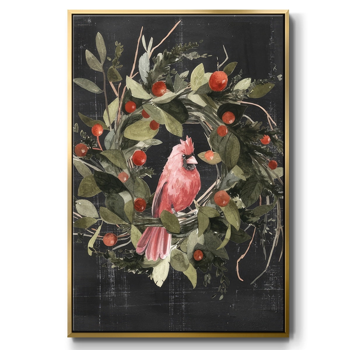 Christmas Cardinal II - Framed Gallery Wrapped Holiday Canvas - 27 x 41 - Gold Frame