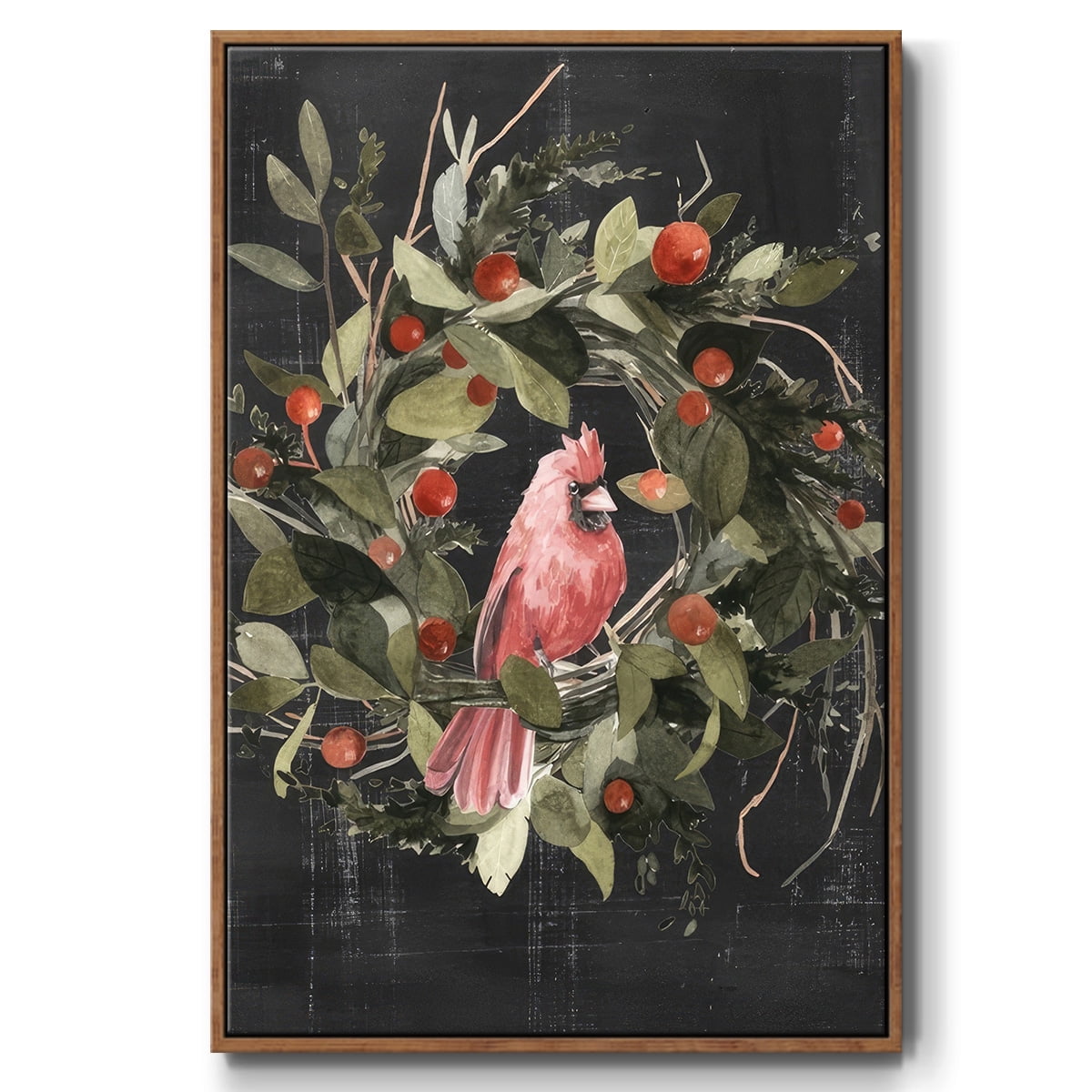Christmas Cardinal II - Framed Gallery Wrapped Holiday Canvas - 27 x 41 - Rosewood Frame