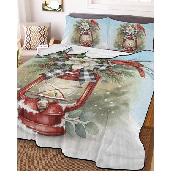 Christmas Cardinal King Size Down Alternative Comforter, Lightweight Comforter Quilt Bedding Set with Pillow Shams Winter Xmas Poinsettia Berry Sky Blue Bed Comforter Duvet Insert 96"x106"