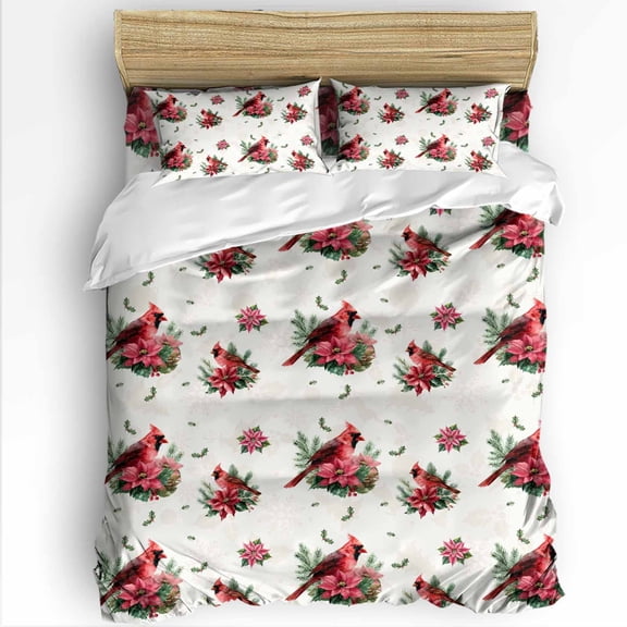 Christmas Cardinal King Size Comforter Set, Red Bird Poinsettia Leaf Winter Soft Bedding for All Seasons, 4 Pcs Bed Set with 1Comforter (90"x106") ,1 Sheet(94"x116"), 2 Pillowcases (19"x35")