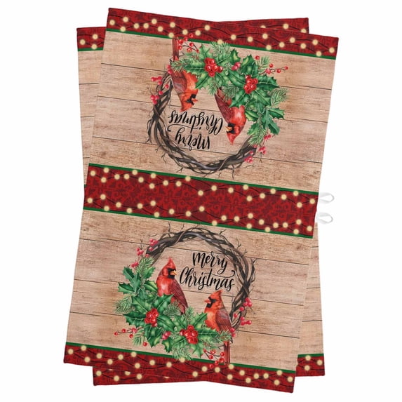 Christmas Cardinal Kitchen Towels Set of 2, Water Absorbent Dish Towel, Xmas Berry Farmhouse Wooden Grain Decorative Hand Towels - Quick Drying Cloth for Cooking Baking, 18x28 Inch