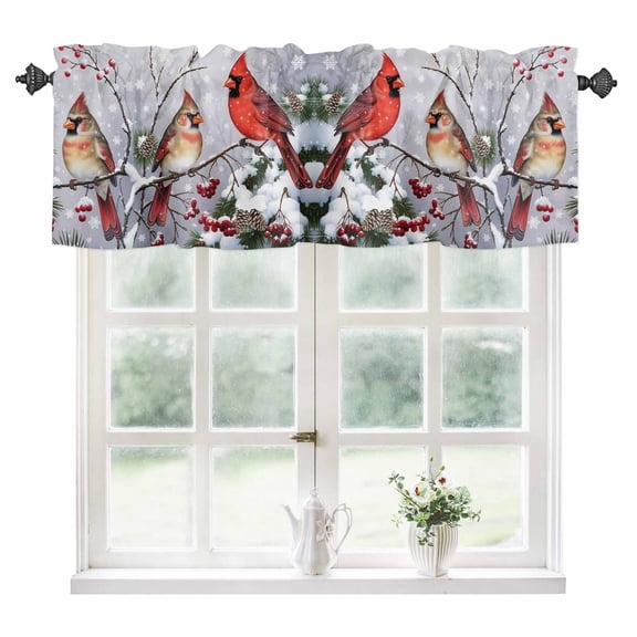 Christmas Cardinal Kitchen Valances for Windows 54x18 Inch Kitchen Curtains Valances Rod Pocket Winter Farmhouse Red Bird Berry Needle Bathroom Window Valances for Window Treatment Decor