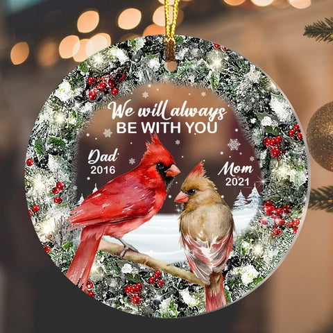 Christmas Cardinal Memorial Ornament for Mom and Dad, In Loving Memory Round Ornament with Snowy Wreath and Red Birds, Personalized Name and Year Tree Decoration