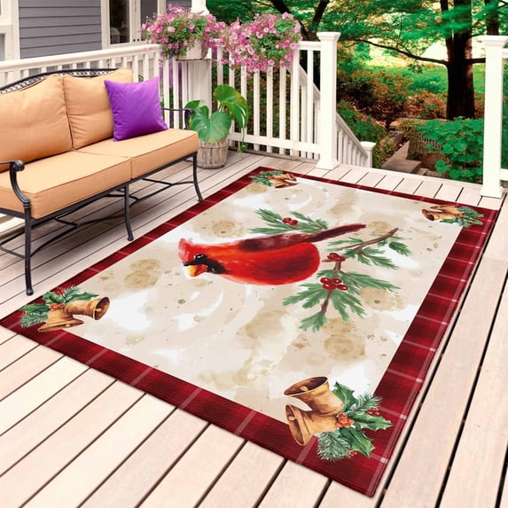 Christmas Cardinal Outdoor Rug 6x9 Ft, Non Slip Washable Area Rug, Winter Red Bird Vintage Xmas Berry Leaf Patio Rugs Carpet Runner, Large Floor Mat for Indoor/Outdoor Deck Porch Camping
