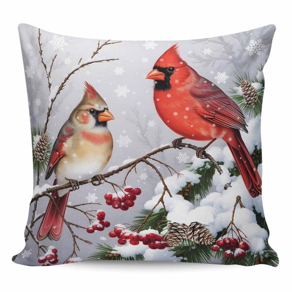 Christmas Cardinal Pillow Covers 16x16 Inch Decorative Throw Pillow Cover, Winter Farmhouse Red Bird Berry Needle Sofa Pillowcases Accent Cushion Case Home Decor Bedroom Living Room