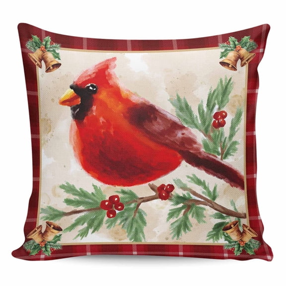 Christmas Cardinal Pillow Covers 16x16 Inch Decorative Throw Pillow Cover, Winter Red Bird Vintage Xmas Berry Leaf Sofa Pillowcases Accent Cushion Case Home Decor Bedroom Living Room