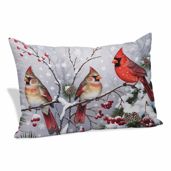 Christmas Cardinal Pillow Covers, Linen Long Throw Pillow Case, Winter Farmhouse Red Bird Berry Needle Holiday Pillow Protector Decorative Cushion Cover for Living Room/Bedroom 12" x 20"