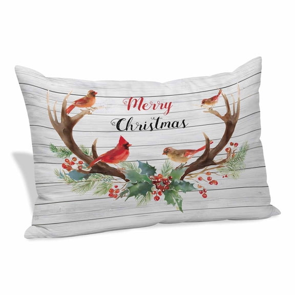 Christmas Cardinal Pillow Covers, Linen Long Throw Pillow Case, Winter Xmas Farmhouse Holly Wood Grain Holiday Pillow Protector Decorative Cushion Cover for Living Room/Bedroom 12" x 20"