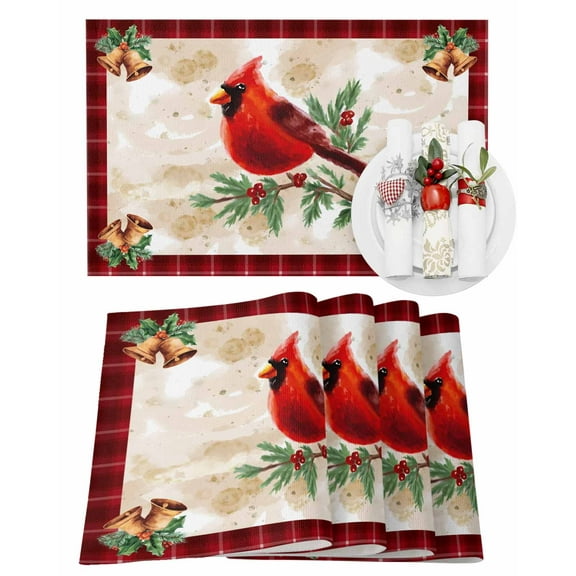 Christmas Cardinal Placemats Set of 1 Red Bird Berry Holly Bells Red Plaid Heat Insulation Washable Place Mats, Rustic Non-Slip Table Mats for Dining Table Party Kitchen Decor,13x19 Inch