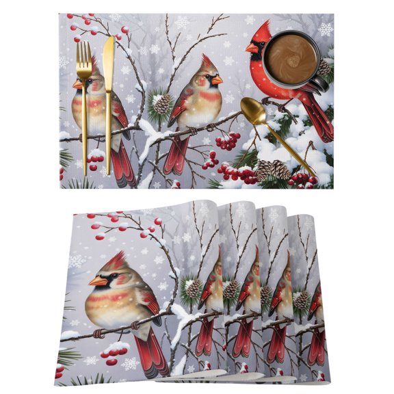 Christmas Cardinal Placemats Set of 2,Cotton Linen Fabric Place Mats,Winter Farmhouse Red Bird Berry Needle Decorative Table Mats Protector for Home Kitchen Dining Wedding Party Coffee Tables