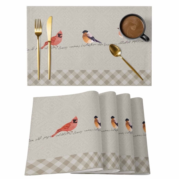 Christmas Cardinal Placemats Set of 4 Vintage Winter Birds Brown Plaid Place Mats Indoor Wipeable Table Mats Washable Cloth Dining Table Placemats for Kitchen Holiday Party Home Decor 13x19 Inch