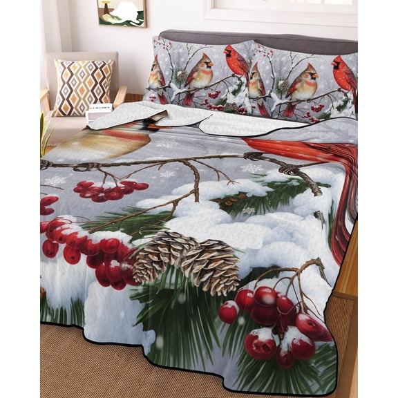 Christmas Cardinal Queen Size Down Alternative Comforter, Lightweight Comforter Quilt Bedding Set with Pillow Shams Winter Farmhouse Red Bird Berry Needle Bed Comforter Duvet Insert 90"x96"