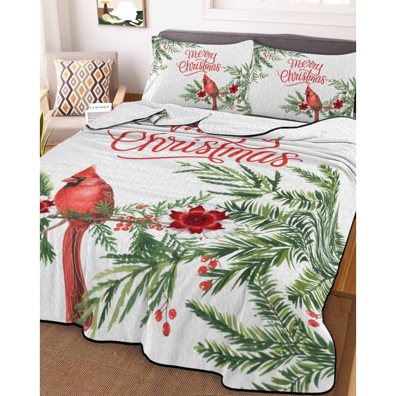 Christmas Cardinal Queen Size Down Alternative Comforter, Lightweight Comforter Quilt Bedding Set with Pillow Shams Xmas Winter Watercolor Pine Flower Berry Bed Comforter Duvet Insert 90"x96"