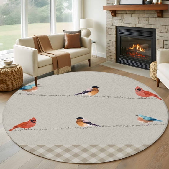 Christmas Cardinal Round Rug 6ft Washable Circle Kitchen Rugs Non Slip Vintage Winter Birds Brown Plaid Large Area Rug Indoor Floor Carpet for Bedroom Living Room Home Office Dining Room Nursery