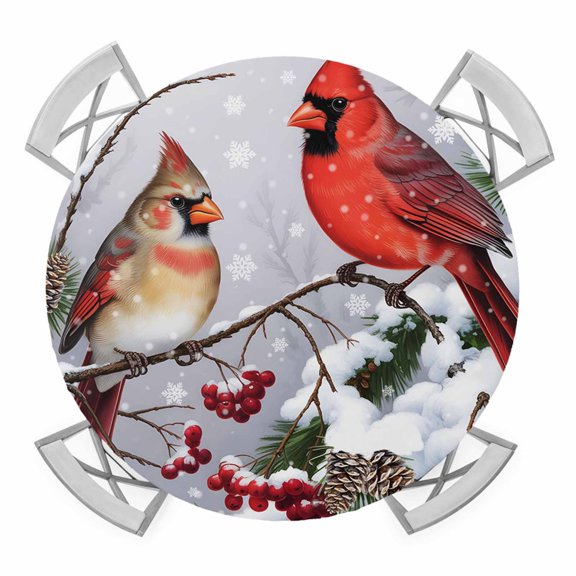 Christmas Cardinal Round Tablecloth for 36-44 Inch Tables,Fitted Table Cover with Elastic Edge,Winter Farmhouse Red Bird Berry Needle Waterproof Outdoor Table Cloth Protector for Patio Garden Dinner