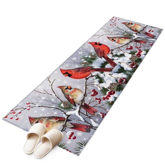 Christmas Cardinal Runner Rug 2x6 Washable Kitchen Rug Non-Slip Lightweight Thin Soft Low Pile Bathroom Runner Winter Farmhouse Red Bird Berry Needle Carpet for Hallway Laundry Room Bedroom Entryway