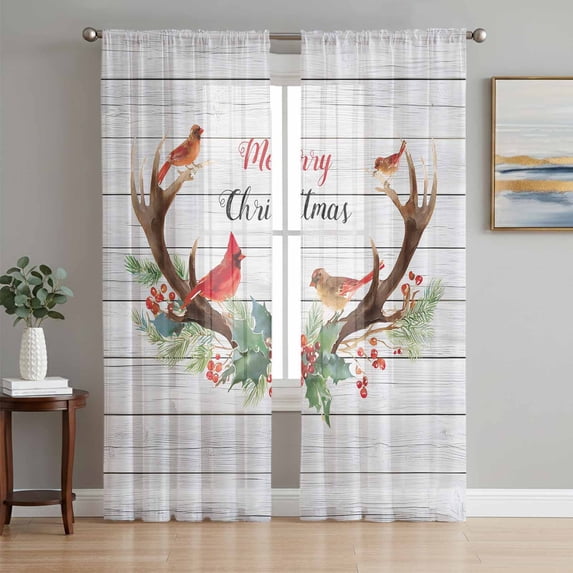 Christmas Cardinal Sheer Curtains 63 Inch Length 2 Panels Set, Winter Xmas Farmhouse Holly Wood Grain Voile Window Treatment Curtains Sheers Drapes for Bedroom/Living Room/Kitchen 52x"63"x2