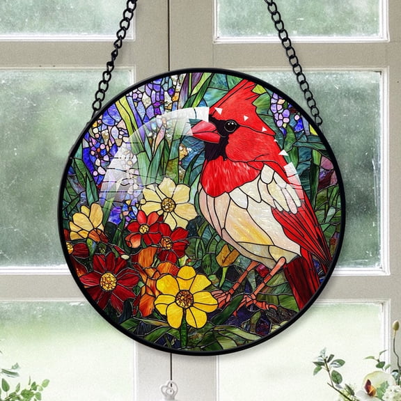 Christmas Cardinal Suncatchers, White Cardinal Stained Glass Window Hangings, White Cardinal Decor, White Cardinal Christmas Tree White-179HD378, Cardinal Stained Glass Art