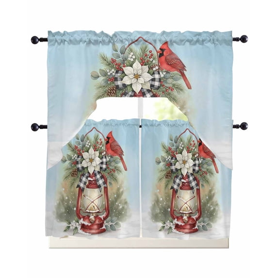 Christmas Cardinal Swag Kitchen Curtains Sets for Windows 24 Inch Length, Winter Xmas Poinsettia Berry Sky Blue Short Window Curtain Panels Swags Valances and Tiers 3 Piece Set for Cafe/Dining Room