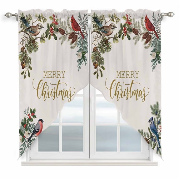 Christmas Cardinal Swag Valances for Windows, Kitchen Curtains 36 Inch Length 2 Panels Set, Winter Xmas Holly Pine Fruits Berry Short Curtains for Small Windows Rod Pocket Cafe Curtains 28"x36"