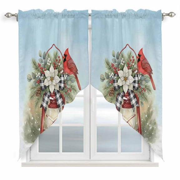 Christmas Cardinal Swag Valances for Windows, Kitchen Curtains 36 Inch Length 2 Panels Set, Winter Xmas Poinsettia Berry Sky Blue Short Curtains for Small Windows Rod Pocket Cafe Curtains 28"x36"