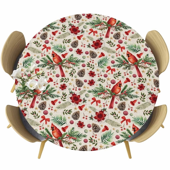 Christmas Cardinal Table Cloth, Round Fitted Tablecloths with Elastic Edge, Xmas Winter Flower Bow Pine Fruits Beige Wipeable Waterproof Table Cover for Kitchen Wedding 36-44 Inches