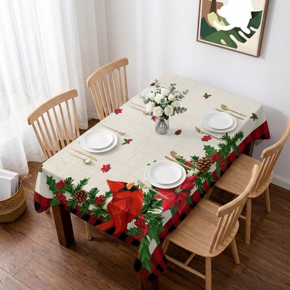 Christmas Cardinal Table Cloth Waterproof Tablecloths, Winter Xmas Poinsettia Holly on Linen Tablecloth Dining Table Cover for Kitchen Party Tabletop Outdoor, Rectangle Tablecloth 60x102 Inch