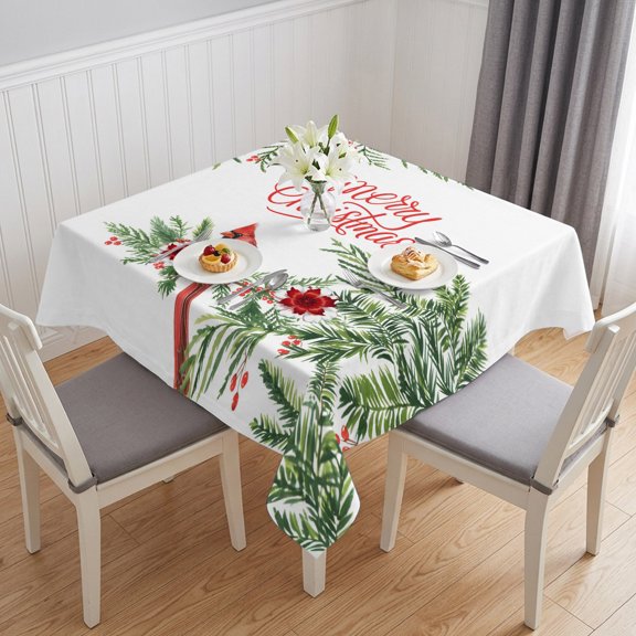Christmas Cardinal Table Cloth Waterproof Tablecloths, Xmas Winter Watercolor Pine Flower Berry Tablecloth Dining Table Cover for Kitchen Party Tabletop Outdoor, Square Tablecloth 54x54 Inch
