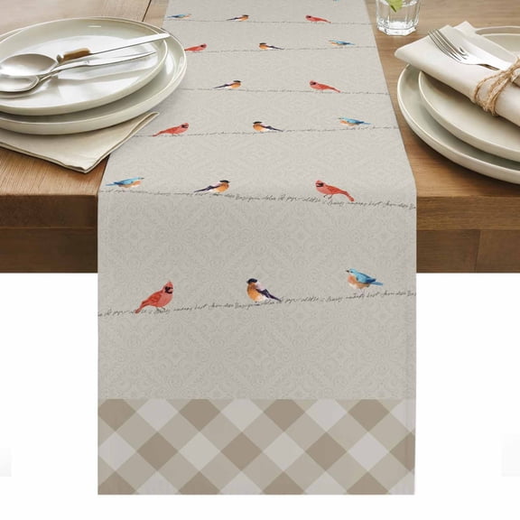 Christmas Cardinal Table Runner - 36 Inch Long, Kitchen Dining Table Runner Dresser Scarves, Vintage Winter Birds Brown Plaid Farmhouse Decor for Coffee Tables Wedding Party Banquet