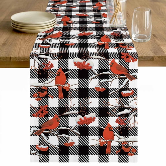 Christmas Cardinal Table Runner 36 Inches Long Farmhouse Dress Scarves, Winter Xmas Bird Branch Black White Plaid Dining Tablerunner for Coffee Table/Kitchen Island/Party Décor, Small 13" x 36"