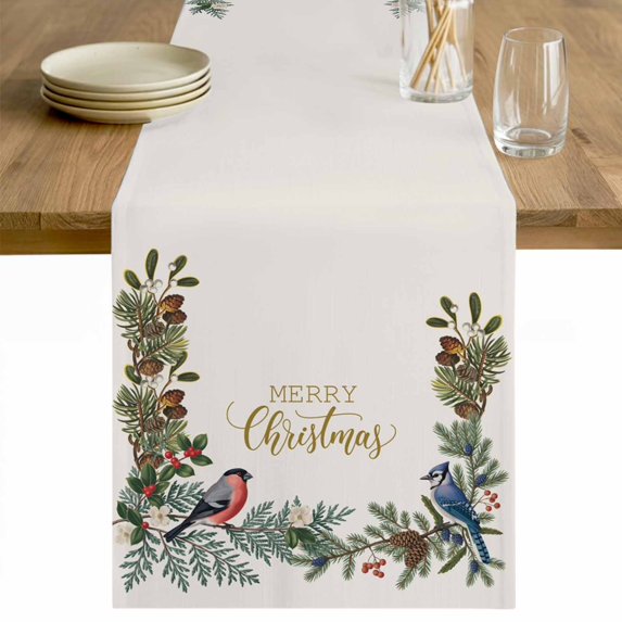Christmas Cardinal Table Runner 36 Inches Long Farmhouse Dress Scarves, Winter Xmas Holly Pine Fruits Berry Dining Tablerunner for Coffee Table/Kitchen Island/Party Décor, Small 13" x 36"