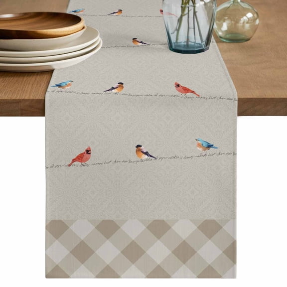 Christmas Cardinal Table Runner 36 Inches, Vintage Winter Birds Brown Plaid Bed Runner Dresser Scarves Tabletop for Indoor Outdoor Parties/Ceremony/Banquet, 13"x 36"