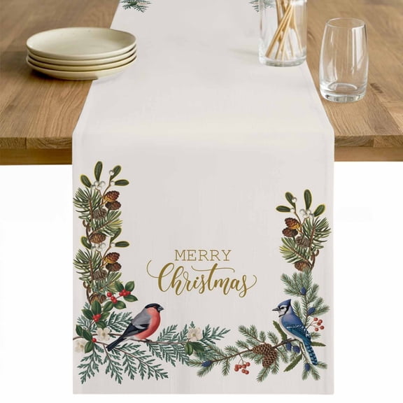 Christmas Cardinal Table Runner 48 Inches Long Farmhouse Dress Scarves, Winter Xmas Holly Pine Fruits Berry Dining Tablerunner for Coffee Table/Kitchen Island/Party Décor, 13" x 48"