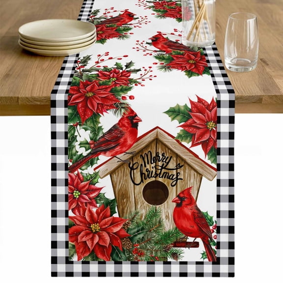 Christmas Cardinal Table Runner 48 Inches Long Farmhouse Dress Scarves, Winter Xmas Holly Poinsettia Plaid Dining Tablerunner for Coffee Table/Kitchen Island/Party Décor, 13" x 48"