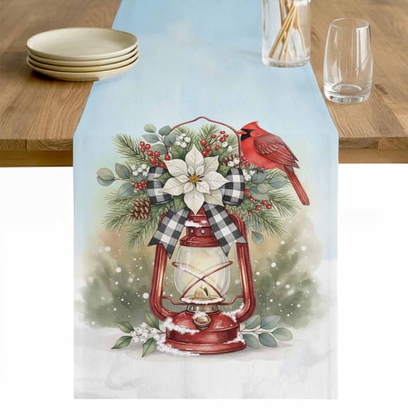 Christmas Cardinal Table Runner 48 Inches Long Farmhouse Dress Scarves, Winter Xmas Poinsettia Berry Sky Blue Dining Tablerunner for Coffee Table/Kitchen Island/Party Décor, 13" x 48"
