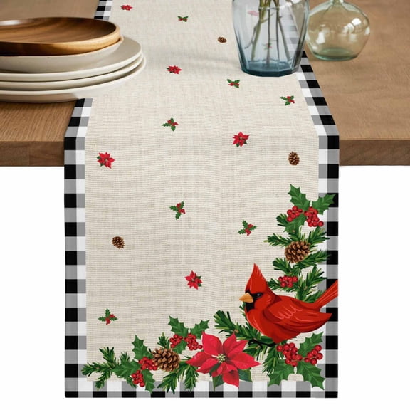Christmas Cardinal Table Runner 48 Inches, Winter Xmas Poinsettia Holly Pine Fruit Bed Runner Dresser Scarves Tabletop for Indoor Outdoor Parties/Ceremony/Banquet, 13" x 48"